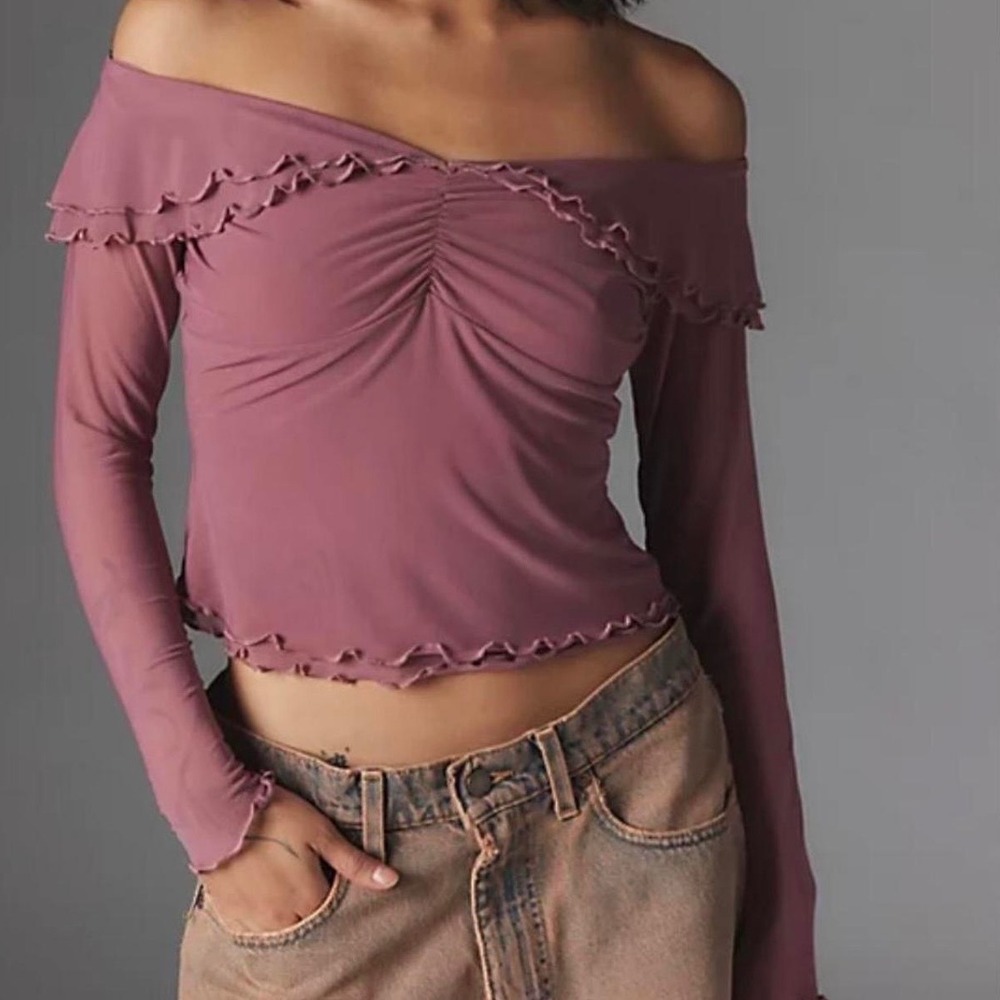 Urban Outfitters Pink Mesh Ruffle Off Shoulder Top L Ruched Soft Girl Coquette